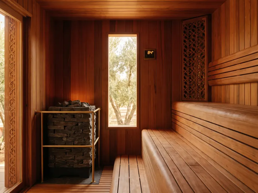 Sauna interior, benches and heater — Morocco