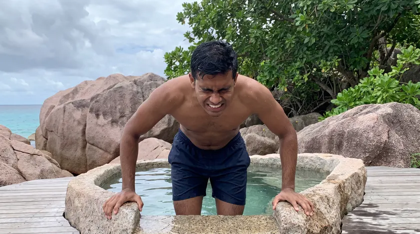 The first seconds of a cold plunge — Seychelles