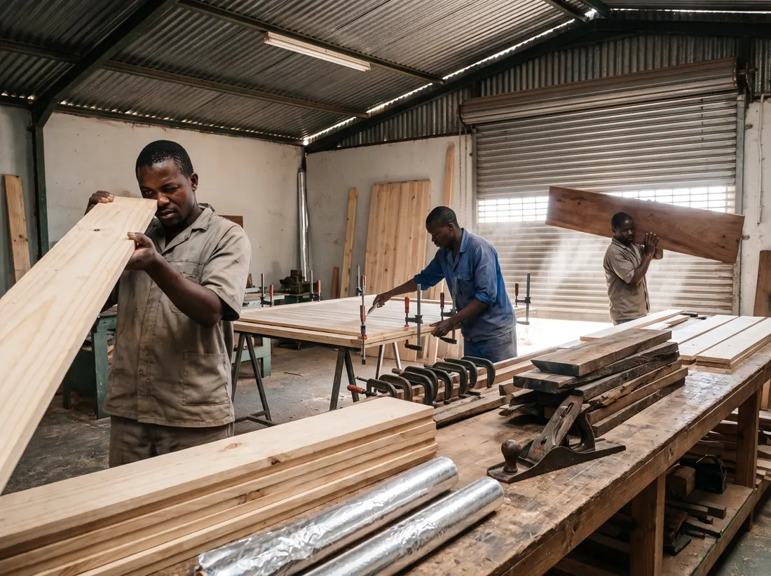 Joiners at a long workbench assembling sauna wall panels