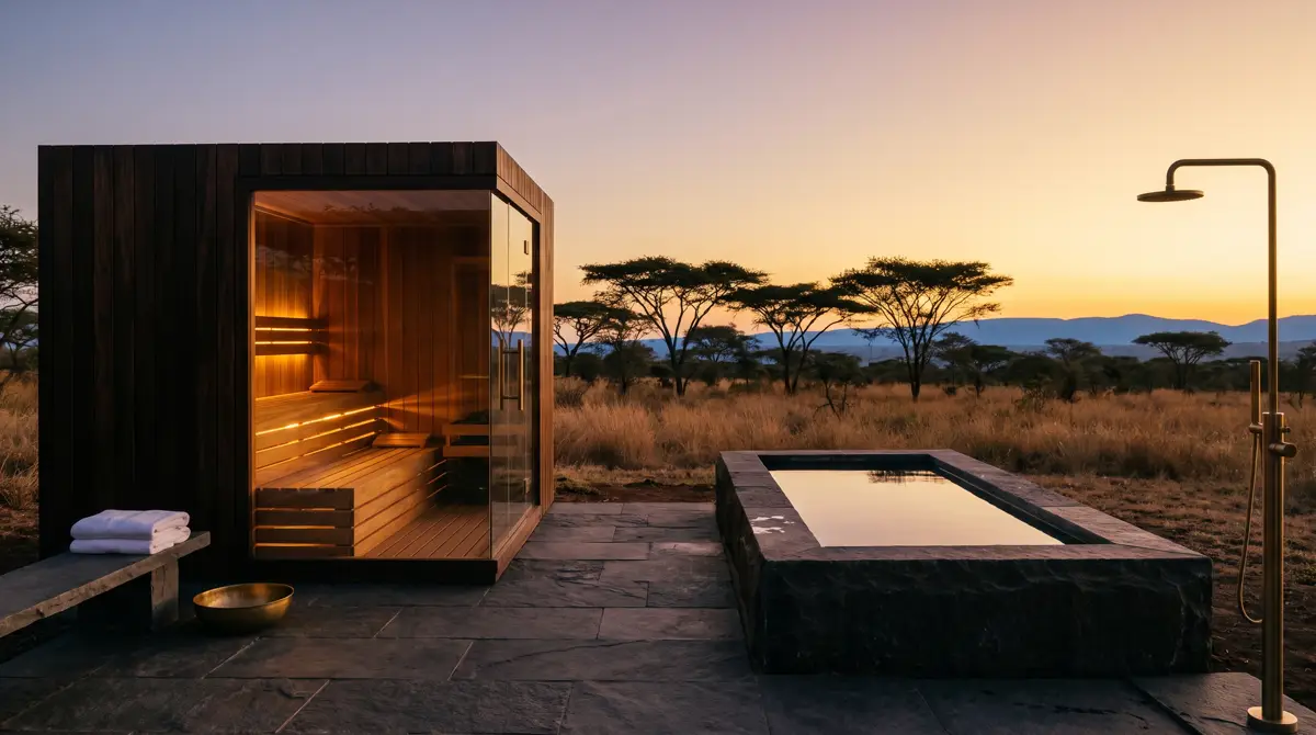 Charred-timber sauna with a glass corner and a carved stone cold plunge on a stone terrace at golden hour, acacia country beyond