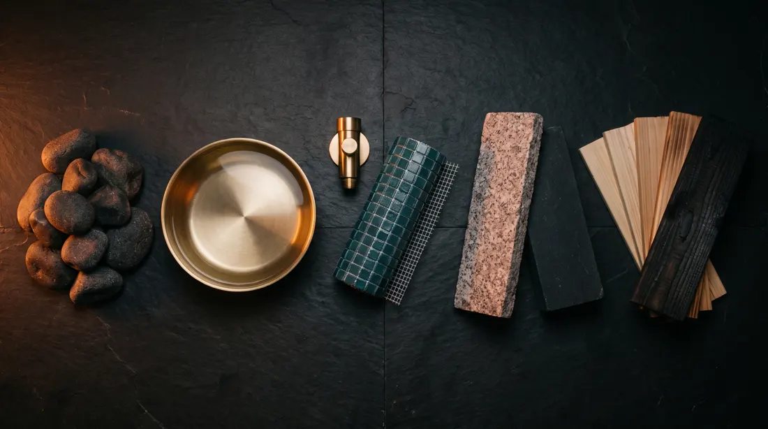The five elements laid out on slate: sauna stones, still water in a brass dish, a steam fitting and mosaic, granite and basalt, and a fan of timber samples