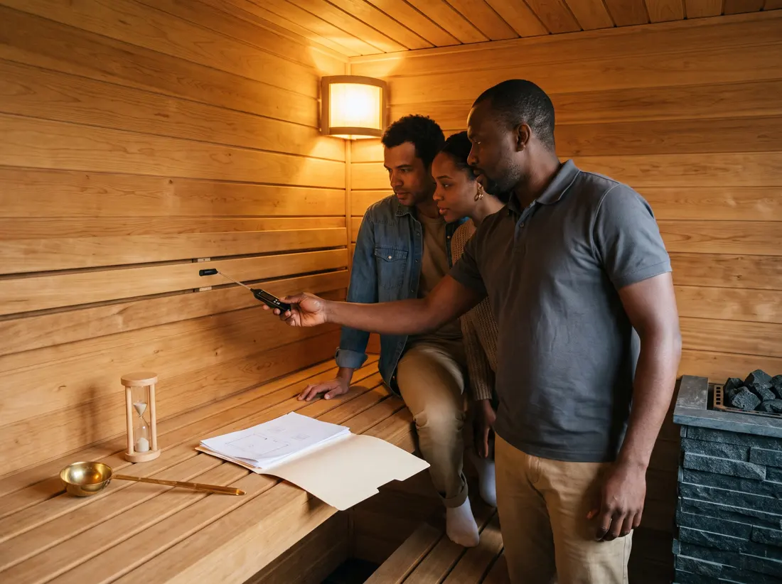 A technician showing a probe thermometer to clients at handover inside a finished sauna