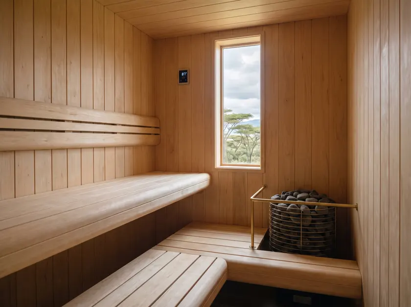 Sauna interior, benches and heater — Kenya