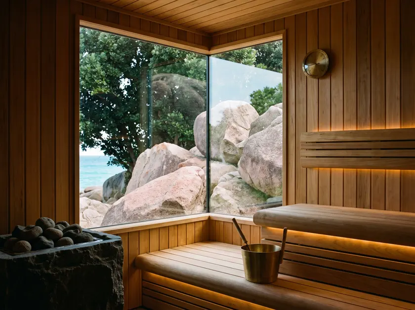 Sauna interior, benches and heater — Seychelles