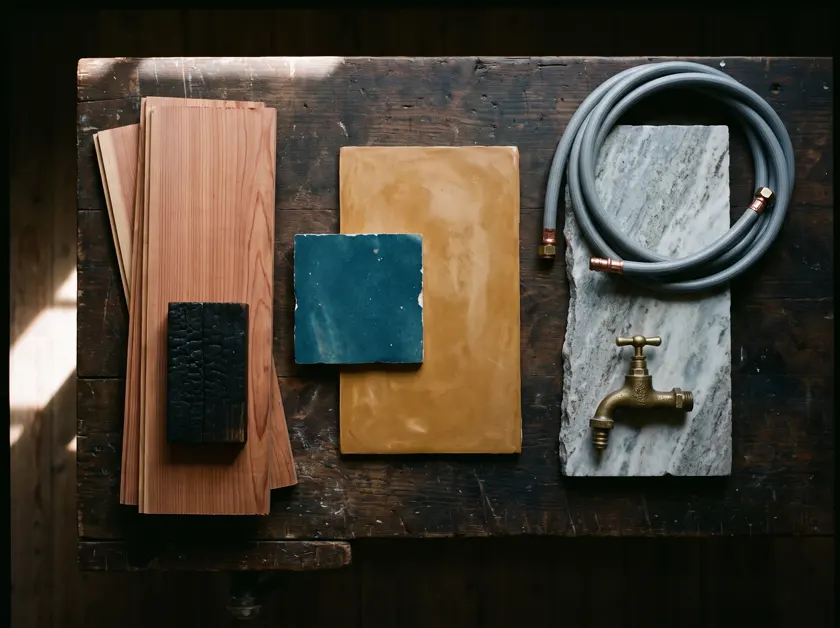 Timber, stone, brass and mosaic samples — Morocco