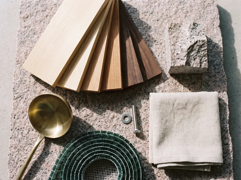 Timber, stone, brass and mosaic samples — Seychelles