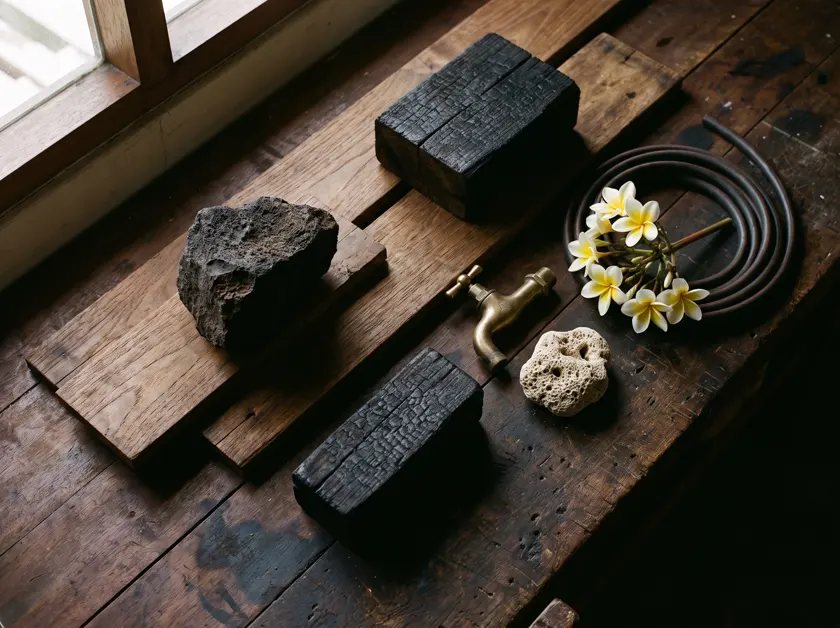 Timber, stone, brass and mosaic samples — Mauritius